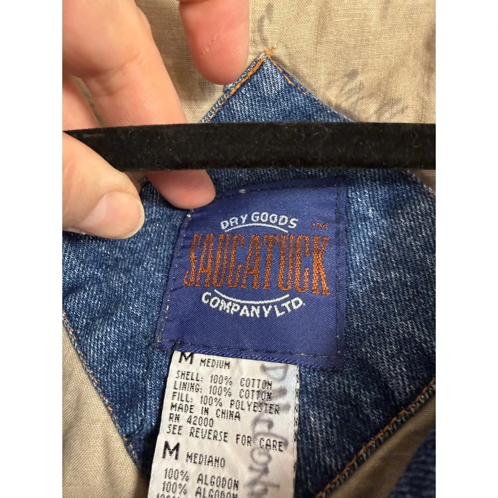Vtg 90s Saugatuck Co Blue Denim Tan Canvas Hood Varsity Bomber Jacket Mens Med - Picture 4 of 10